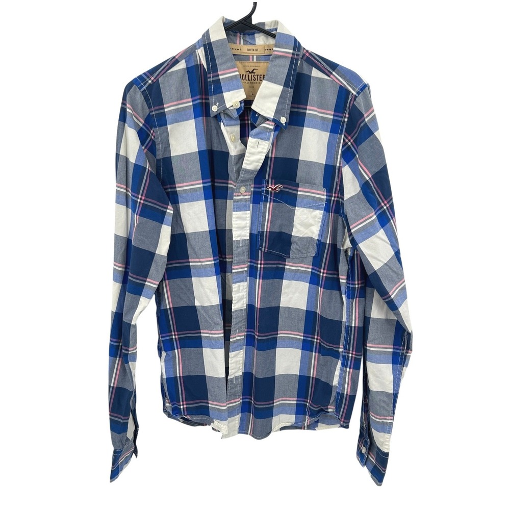Hollister Plaid Surfer Cut Button Down Shirt Large Blue Preppy Lightweight